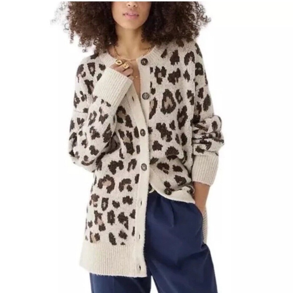 J.Crew Oversized Leopard Print Cardigan Sweater Merino Alpaca Blend BJ572 Medium